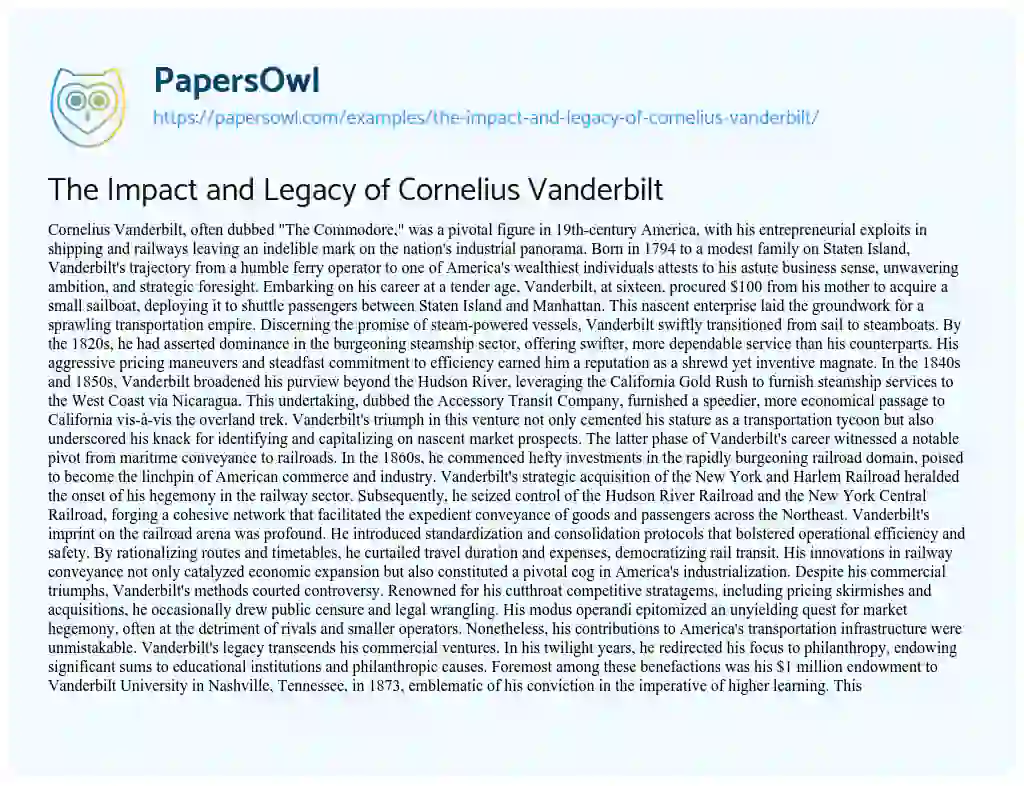 Essay on The Impact and Legacy of Cornelius Vanderbilt