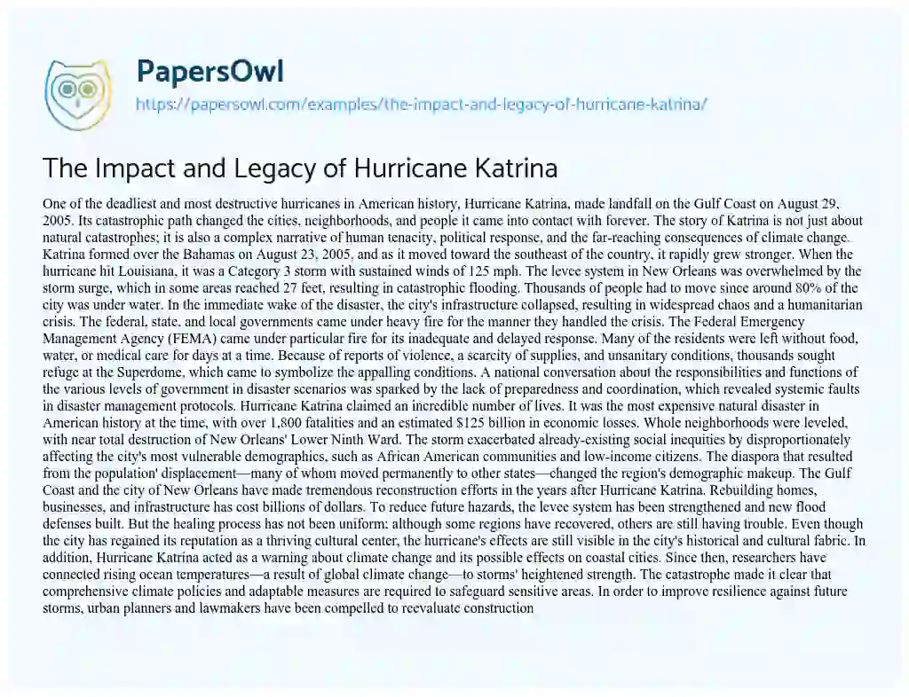 Essay on The Impact and Legacy of Hurricane Katrina