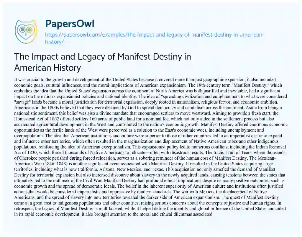 Essay on The Impact and Legacy of Manifest Destiny in American History