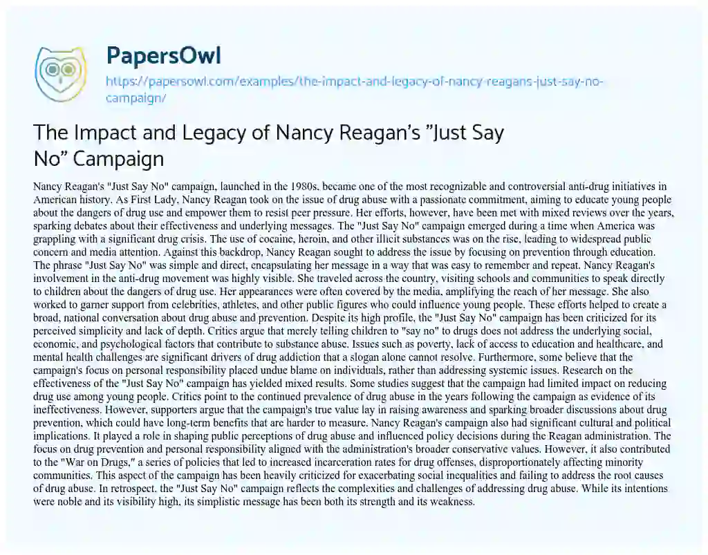 Essay on The Impact and Legacy of Nancy Reagan’s “Just Say No” Campaign