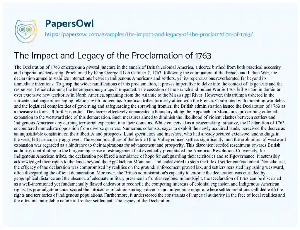 Essay on The Impact and Legacy of the Proclamation of 1763