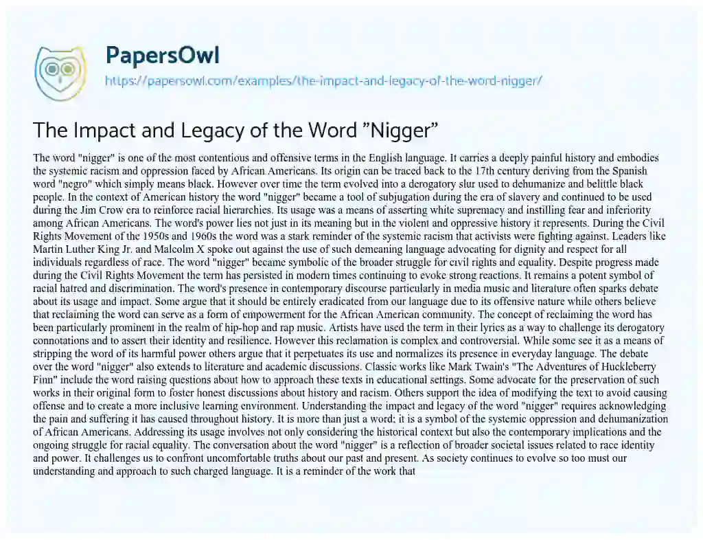 Essay on The Impact and Legacy of the Word “Nigger”