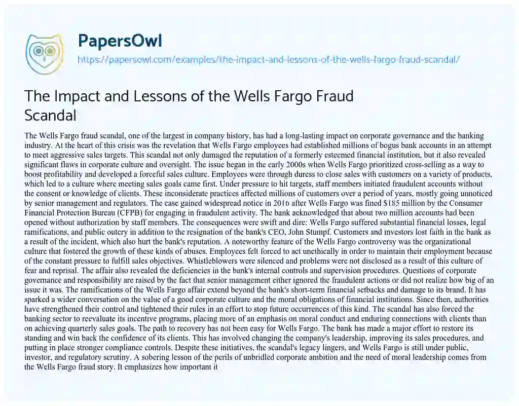 Essay on The Impact and Lessons of the Wells Fargo Fraud Scandal