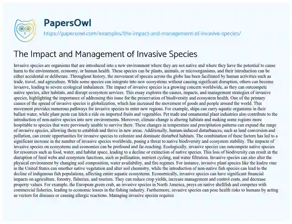 Essay on The Impact and Management of Invasive Species