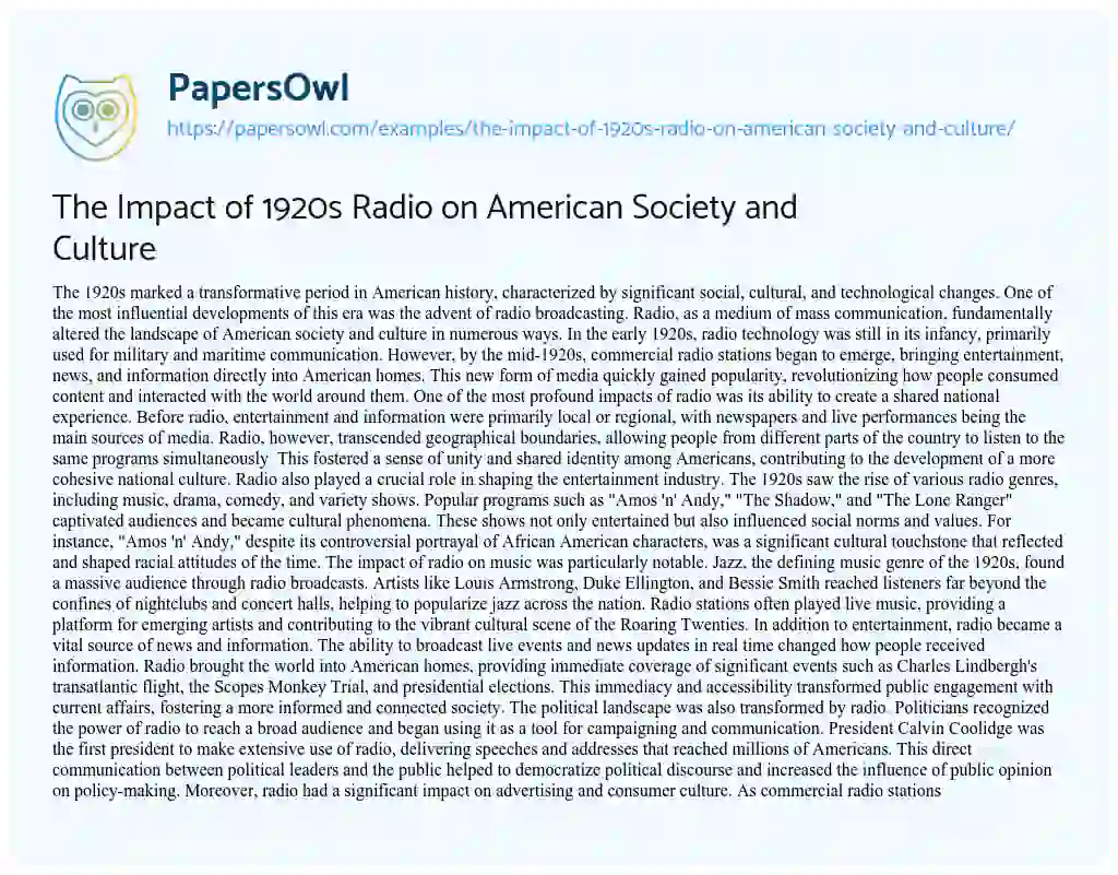 Essay on The Impact of 1920s Radio on American Society and Culture