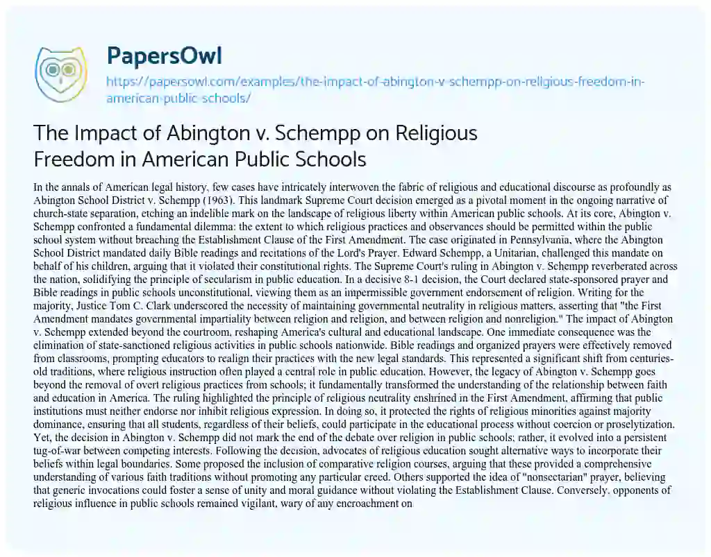 Essay on The Impact of Abington V. Schempp on Religious Freedom in American Public Schools