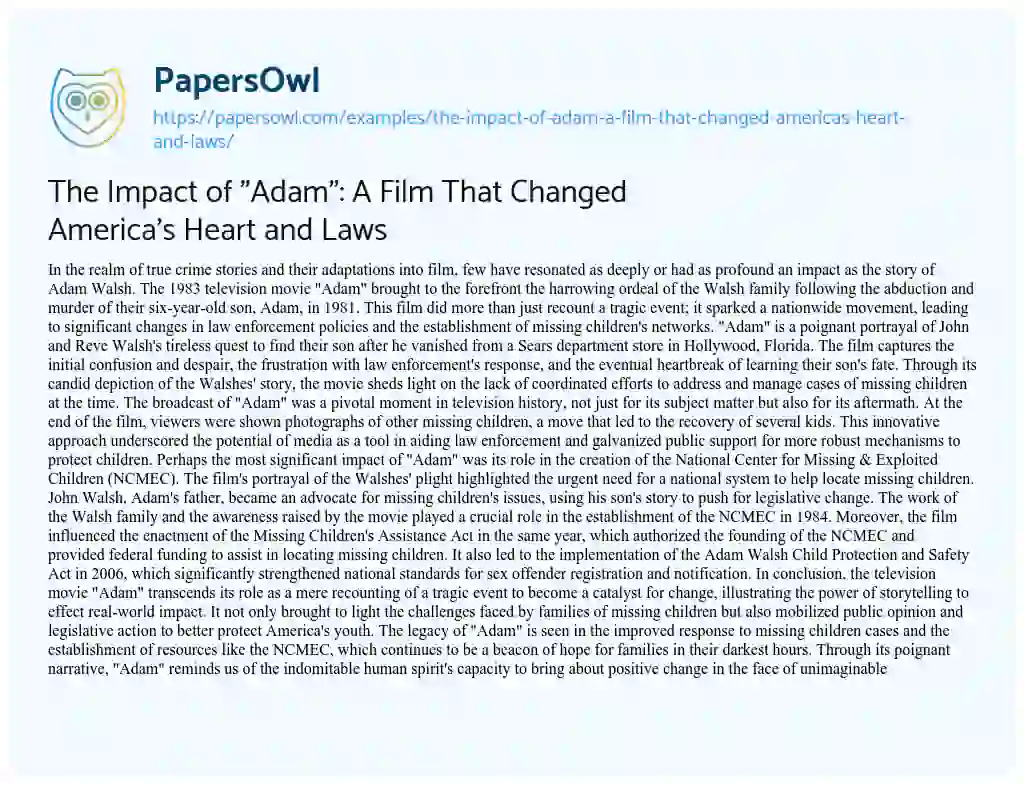 Essay on The Impact of “Adam”: a Film that Changed America’s Heart and Laws