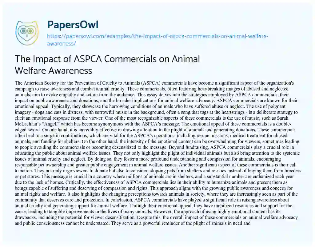 Essay on The Impact of ASPCA Commercials on Animal Welfare Awareness