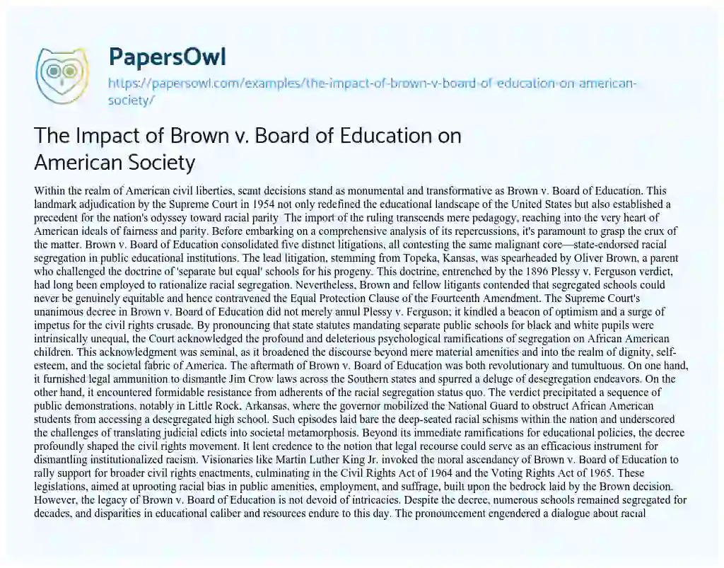 Essay on The Impact of Brown V. Board of Education on American Society