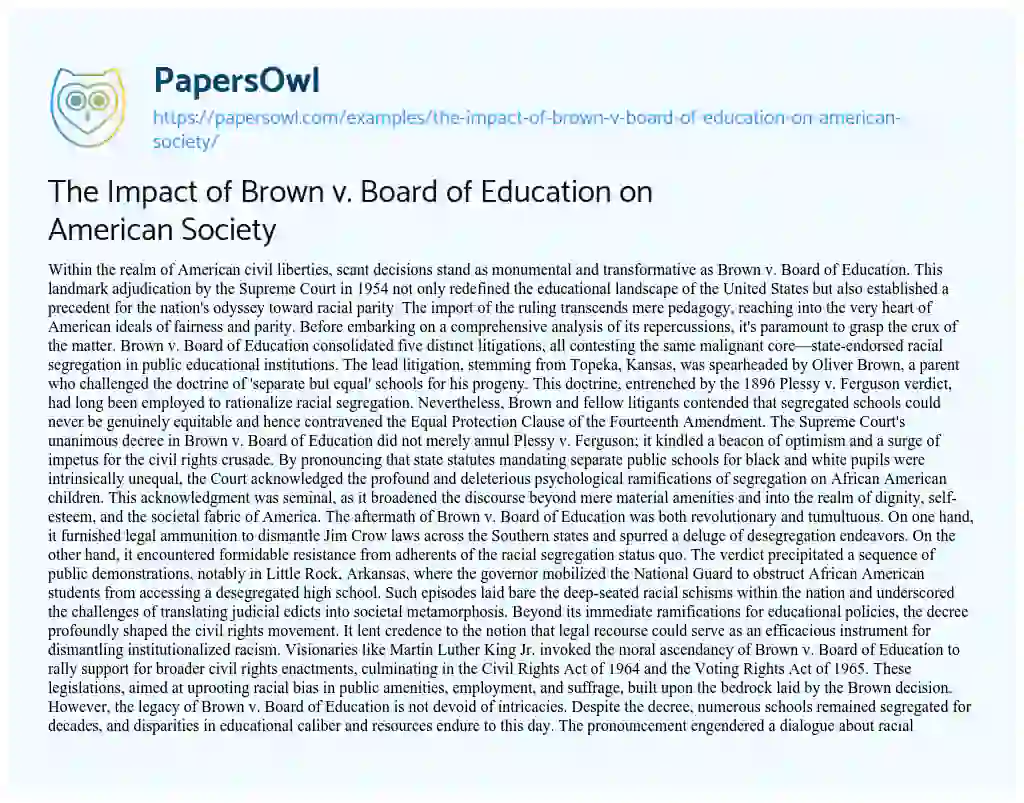 Essay on The Impact of Brown v. Board of Education on American Society