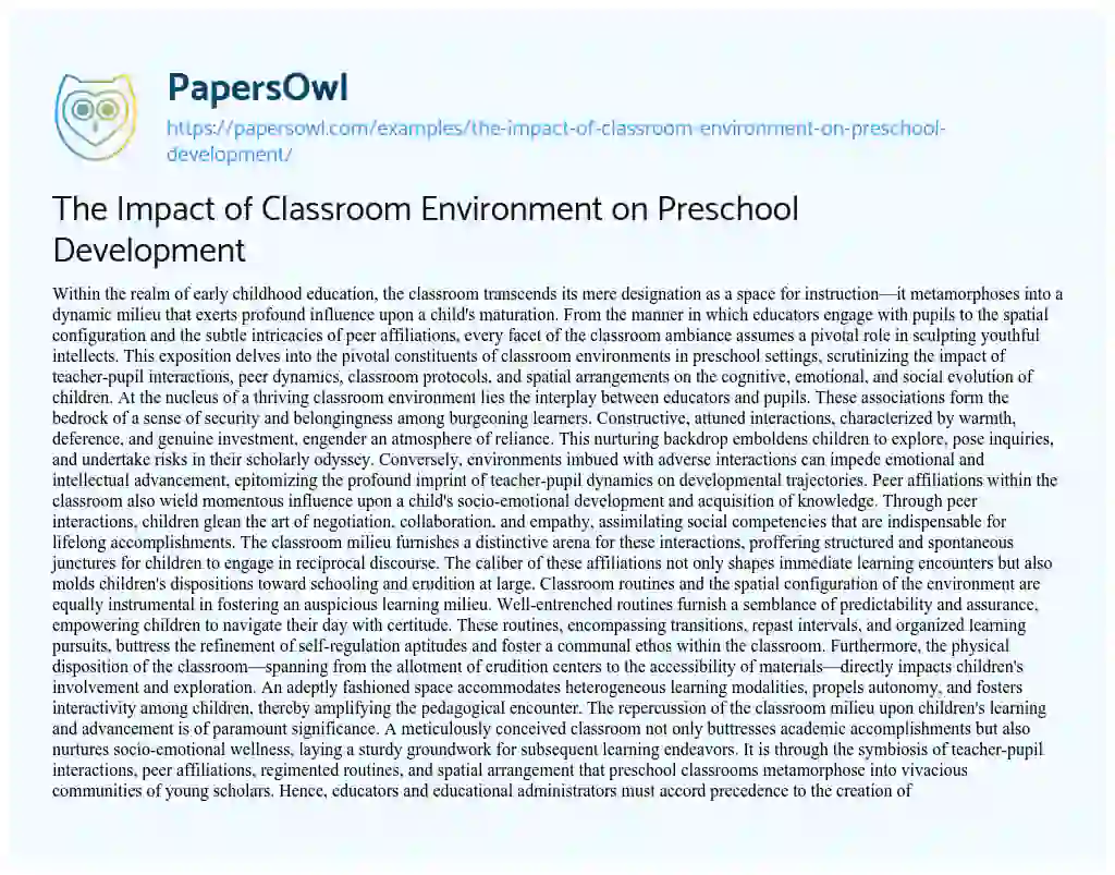 Essay on The Impact of Classroom Environment on Preschool Development