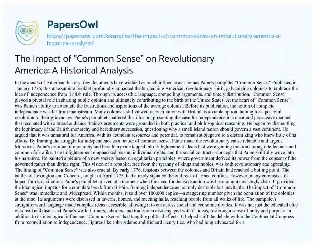 Essay on The Impact of “Common Sense” on Revolutionary America: a Historical Analysis