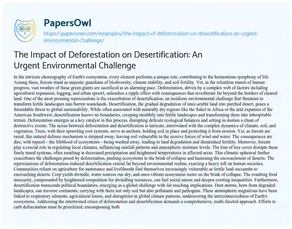 Essay on The Impact of Deforestation on Desertification: an Urgent Environmental Challenge