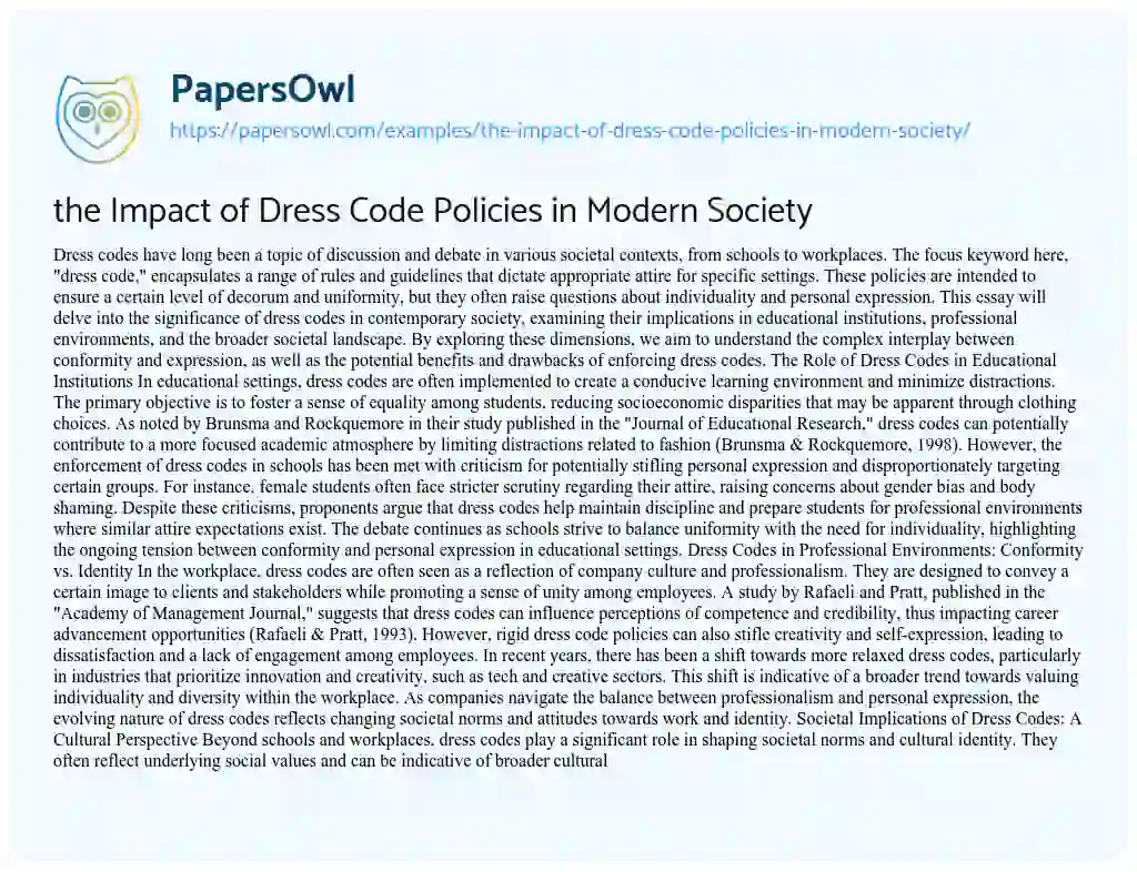 Essay on the Impact of Dress Code Policies in Modern Society