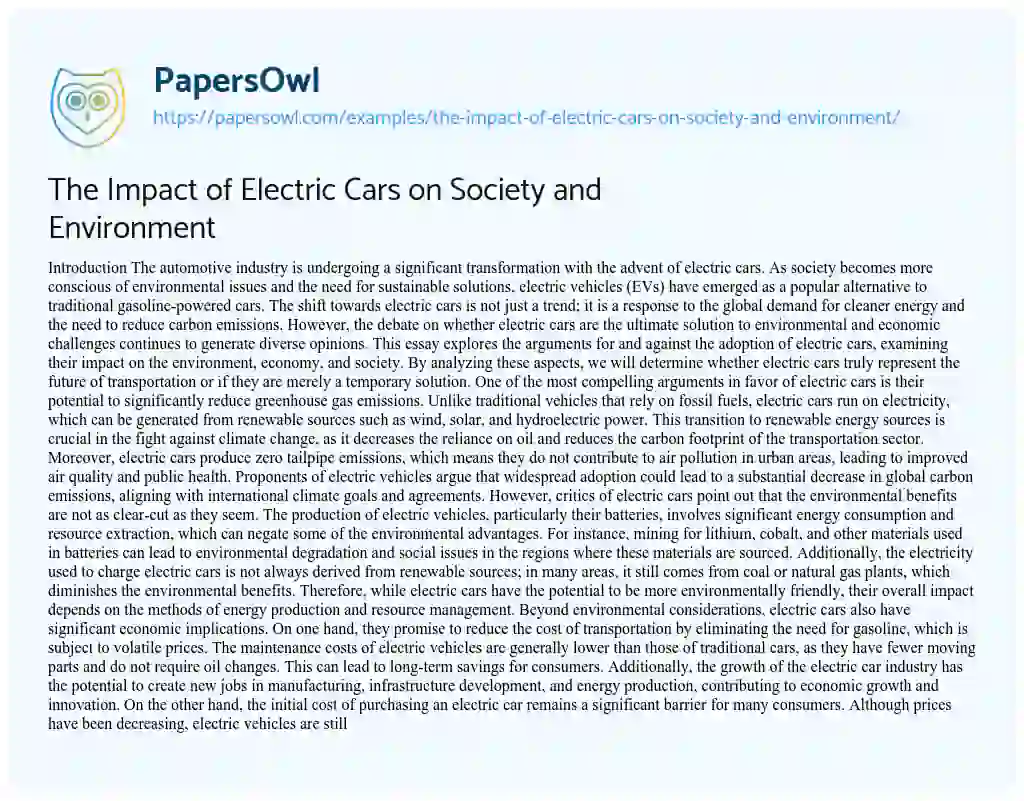 Essay on The Impact of Electric Cars on Society and Environment