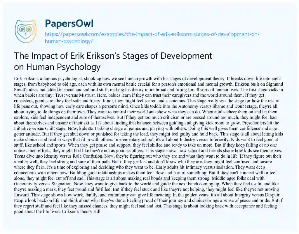 Essay on The Impact of Erik Erikson’s Stages of Development on Human Psychology