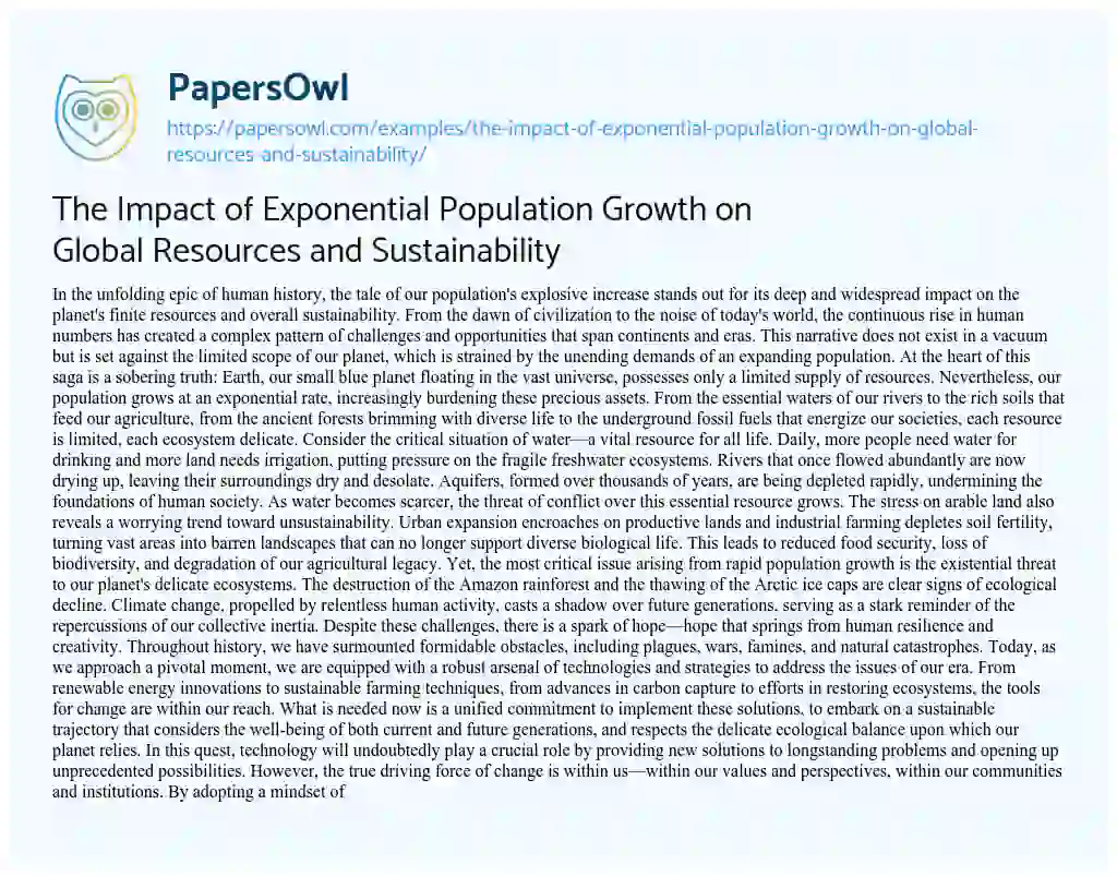 Essay on The Impact of Exponential Population Growth on Global Resources and Sustainability