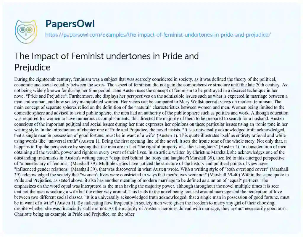 Essay on The Impact of Feminist Undertones in Pride and Prejudice