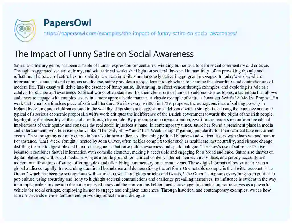 Essay on The Impact of Funny Satire on Social Awareness