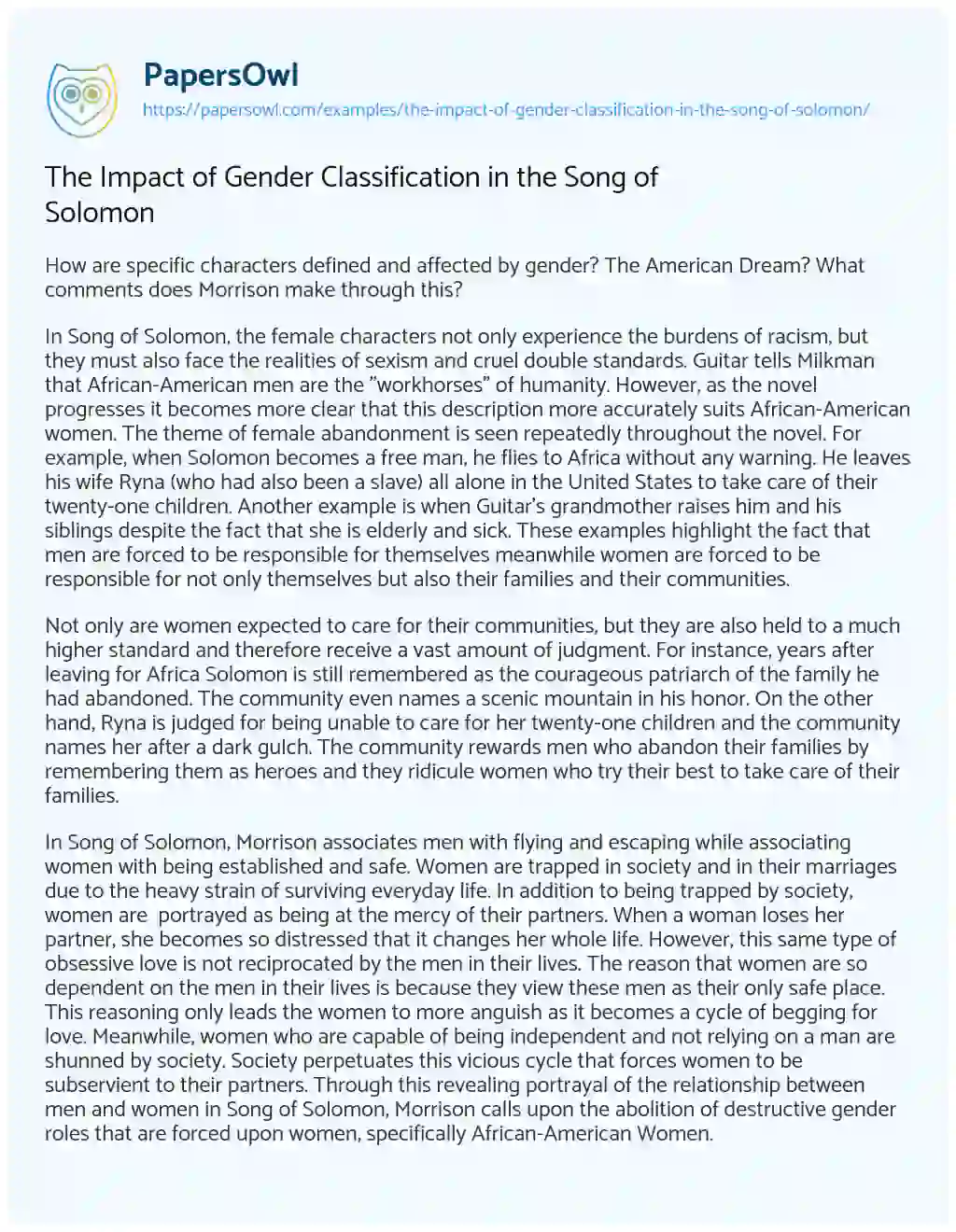 Essay on The Impact of Gender Classification in the Song of Solomon