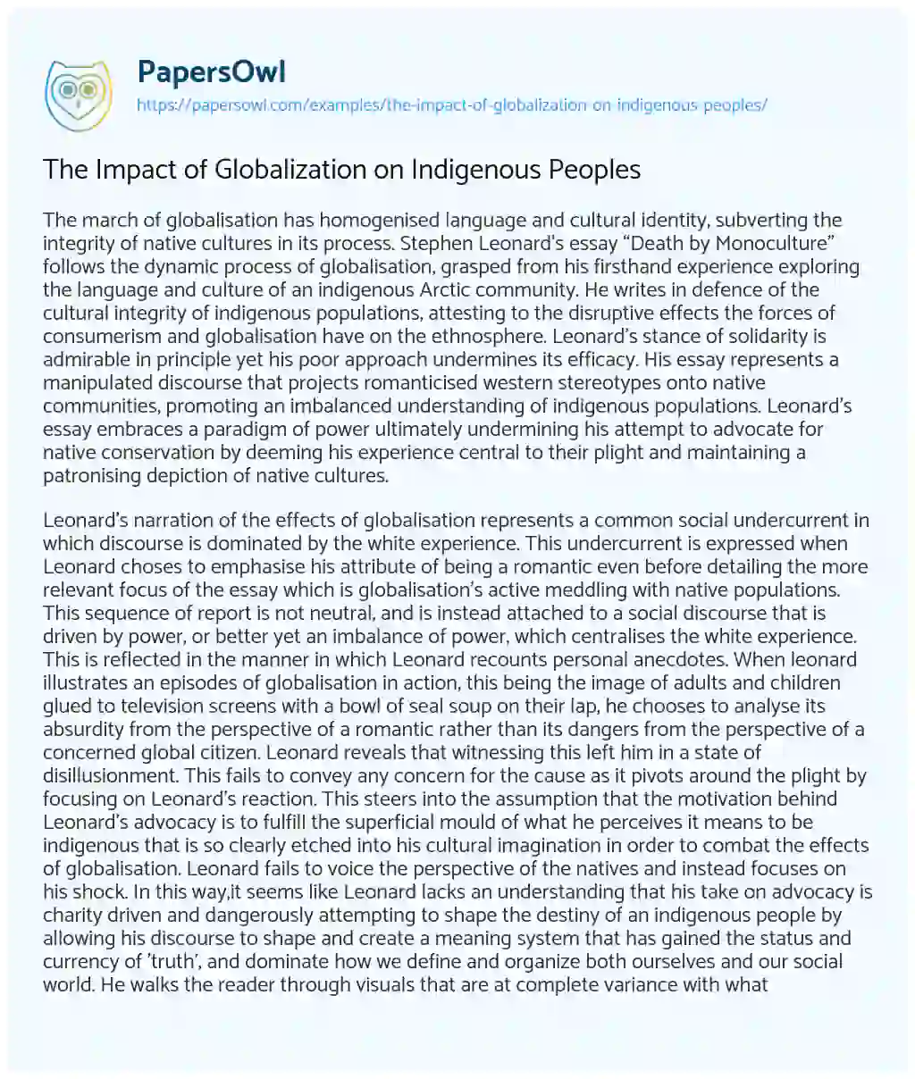 Essay on The Impact of Globalization on Indigenous Peoples