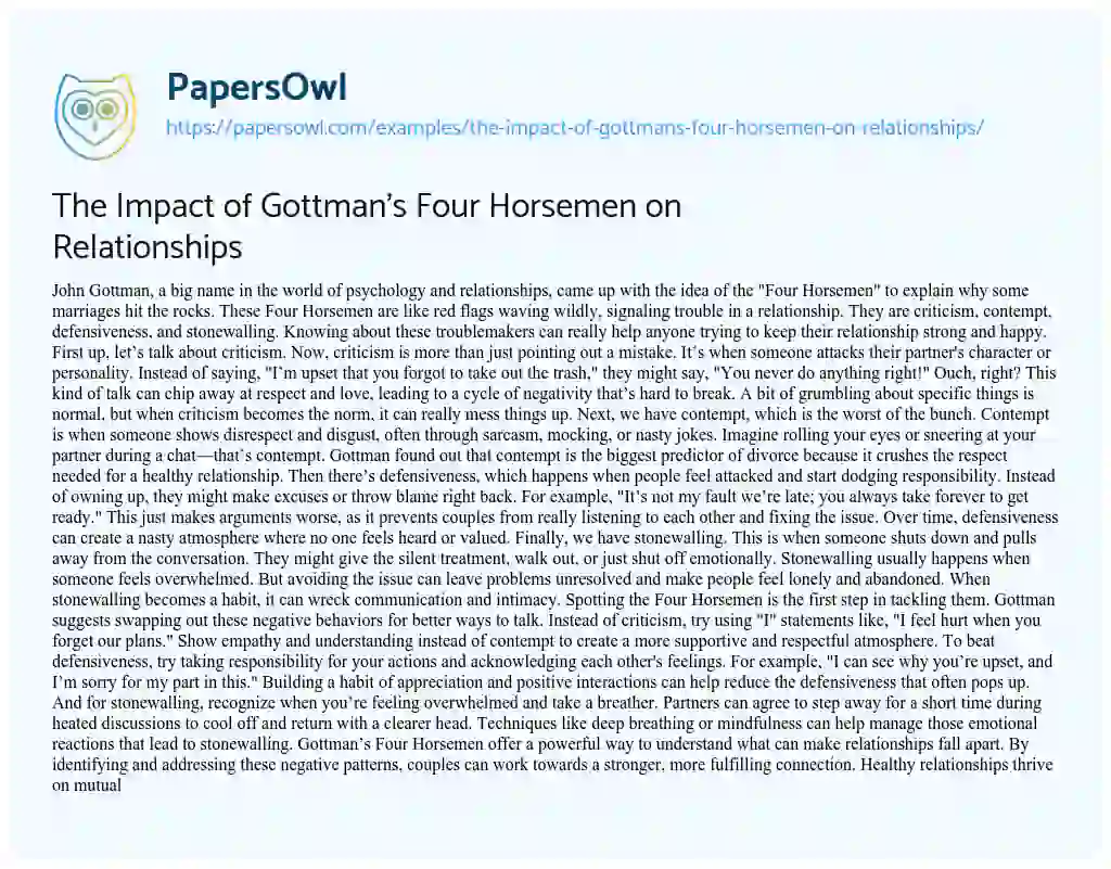 Essay on The Impact of Gottman’s Four Horsemen on Relationships