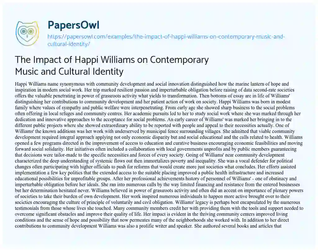 Essay on The Impact of Happi Williams on Contemporary Music and Cultural Identity