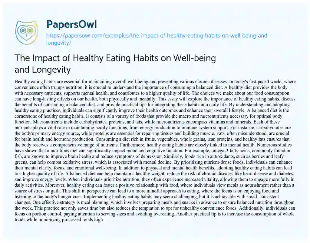 Essay on The Impact of Healthy Eating Habits on Well-being and Longevity