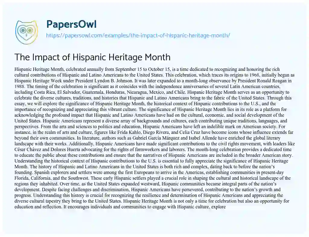 Essay on The Impact of Hispanic Heritage Month