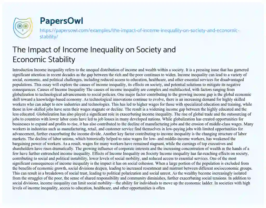 Essay on The Impact of Income Inequality on Society and Economic Stability