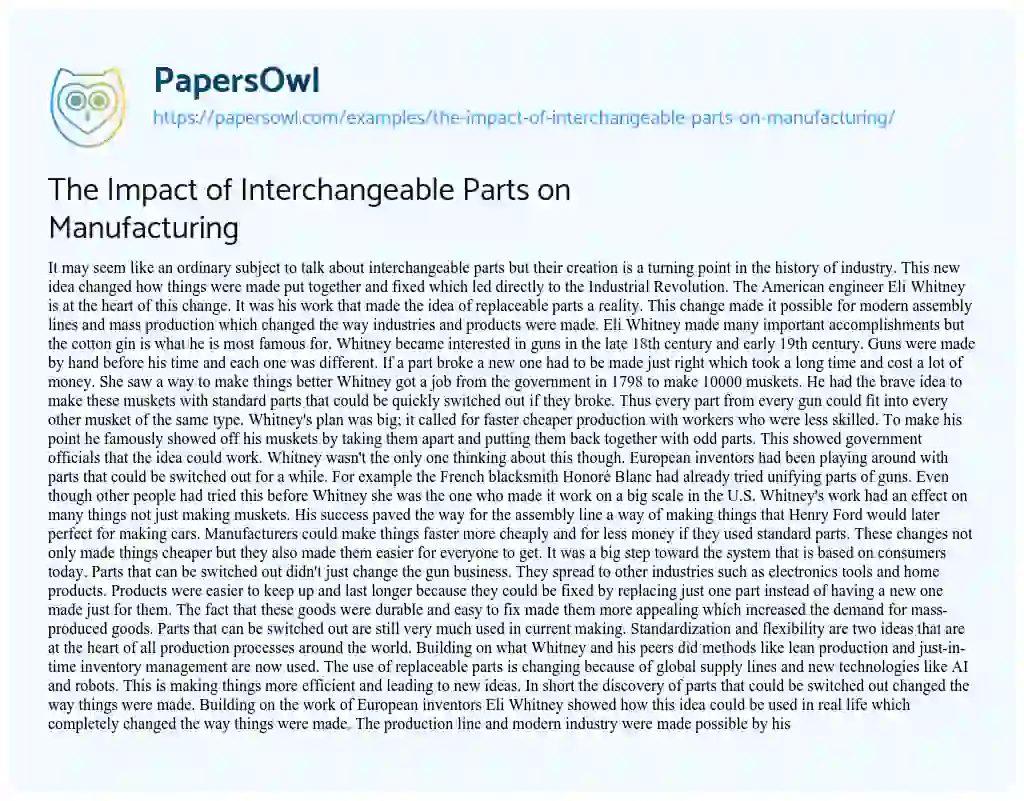 Essay on The Impact of Interchangeable Parts on Manufacturing