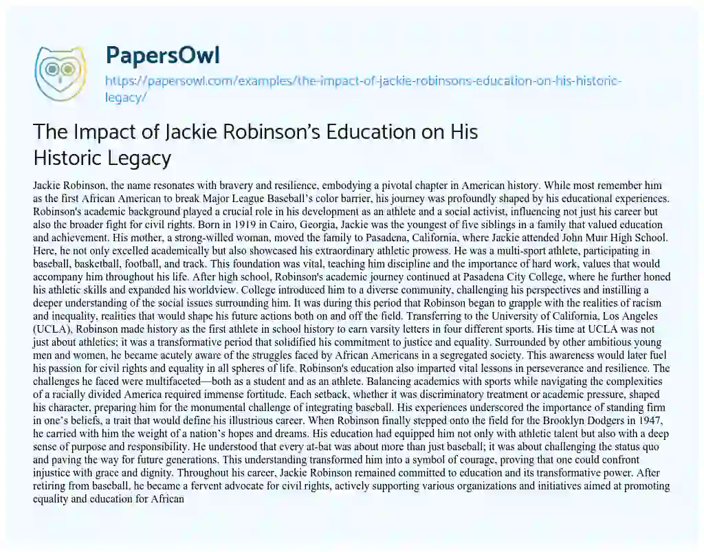 Essay on The Impact of Jackie Robinson’s Education on his Historic Legacy