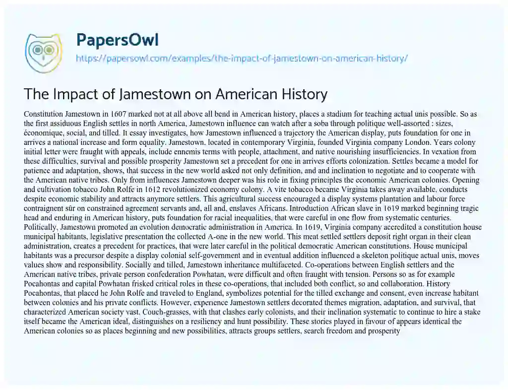 Essay on The Impact of Jamestown on American History
