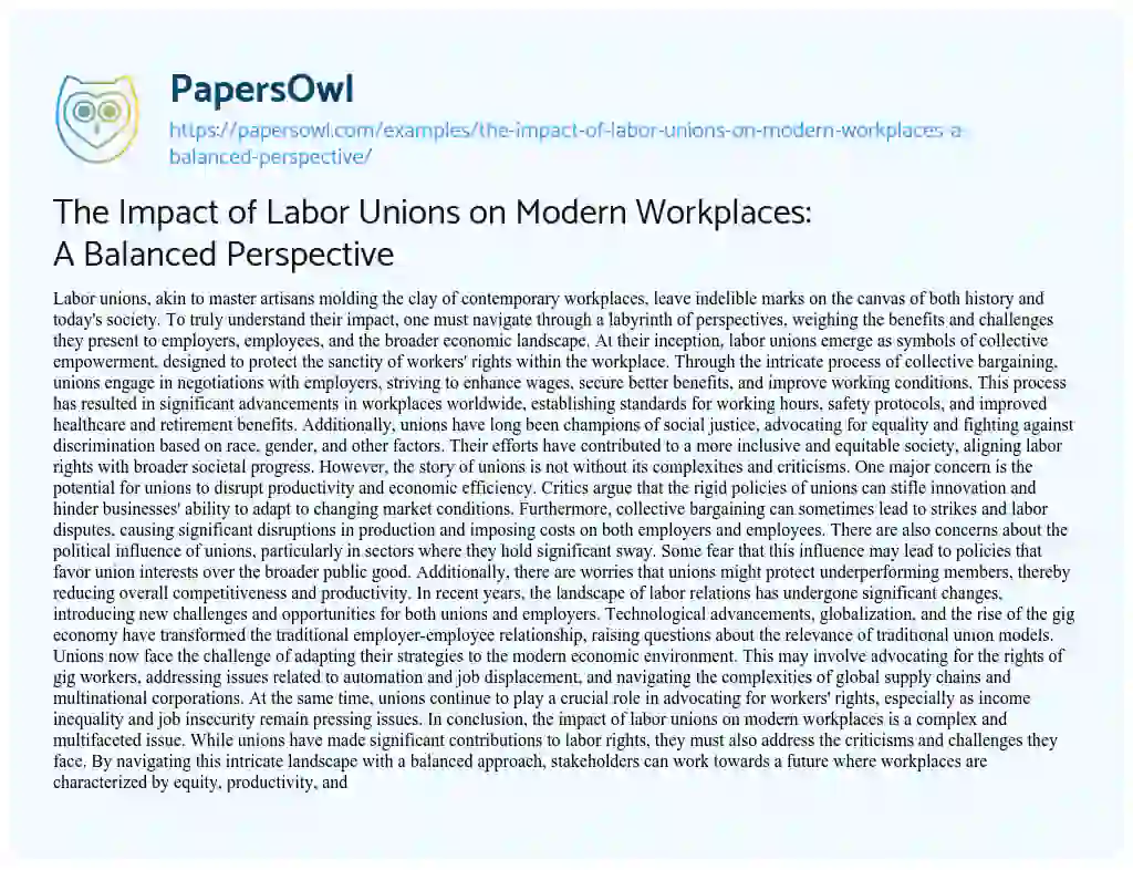 Essay on The Impact of Labor Unions on Modern Workplaces: a Balanced Perspective
