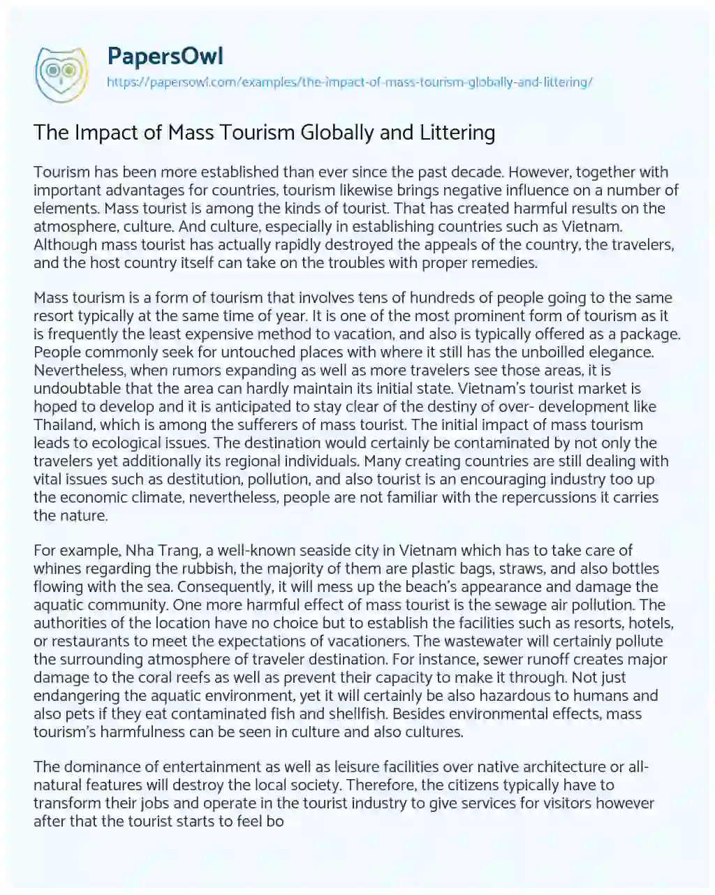 Essay on The Impact of Mass Tourism Globally and Littering
