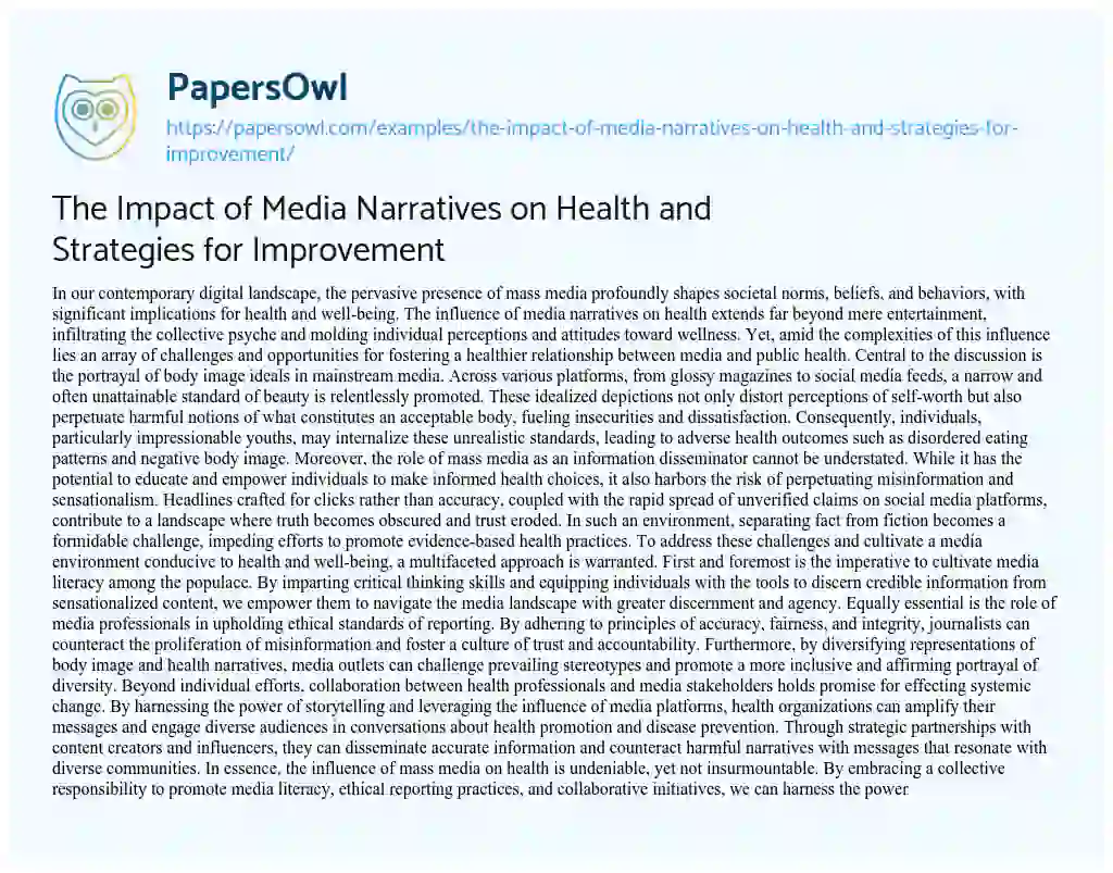 Essay on The Impact of Media Narratives on Health and Strategies for Improvement