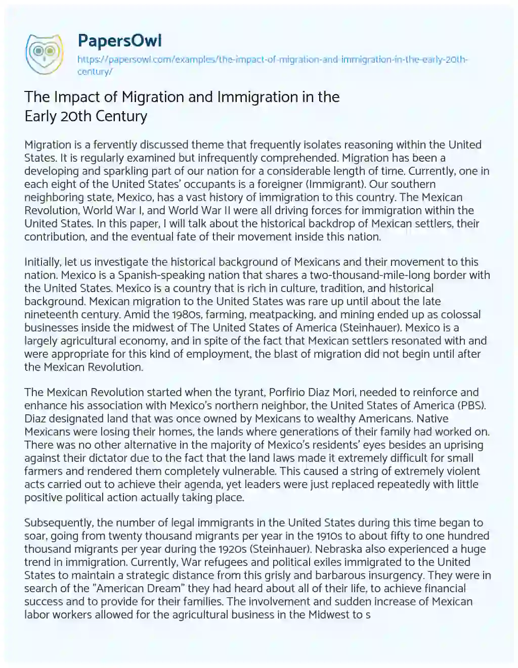 Essay on The Impact of Migration and Immigration in the Early 20th Century