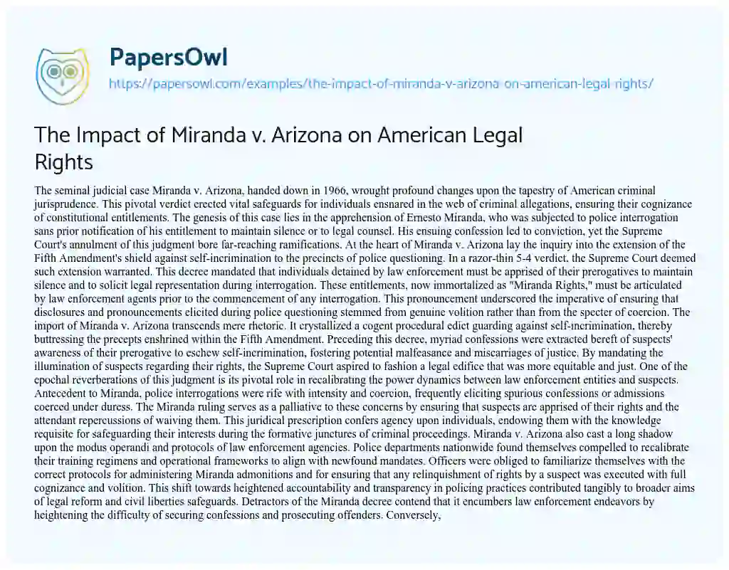Essay on The Impact of Miranda V. Arizona on American Legal Rights