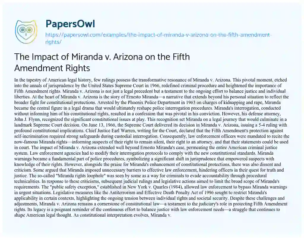 Essay on The Impact of Miranda V. Arizona on the Fifth Amendment Rights