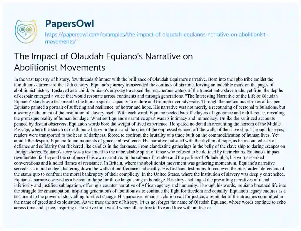 Essay on The Impact of Olaudah Equiano’s Narrative on Abolitionist Movements