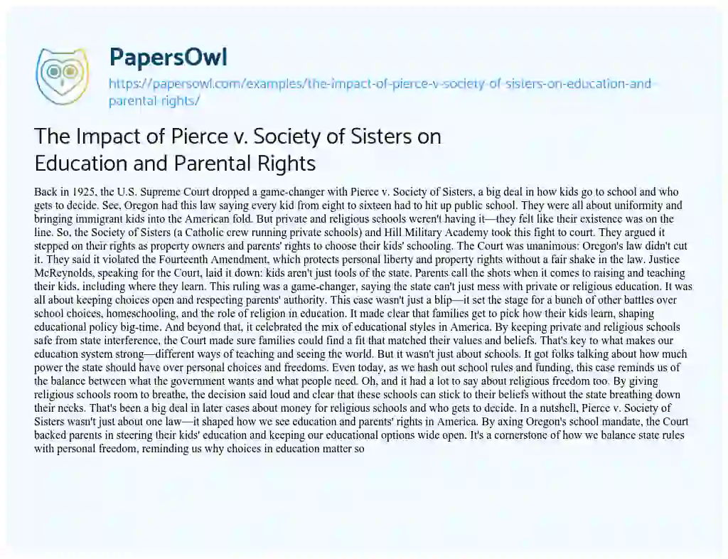 Essay on The Impact of Pierce V. Society of Sisters on Education and Parental Rights