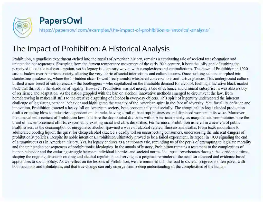 Essay on The Impact of Prohibition: a Historical Analysis
