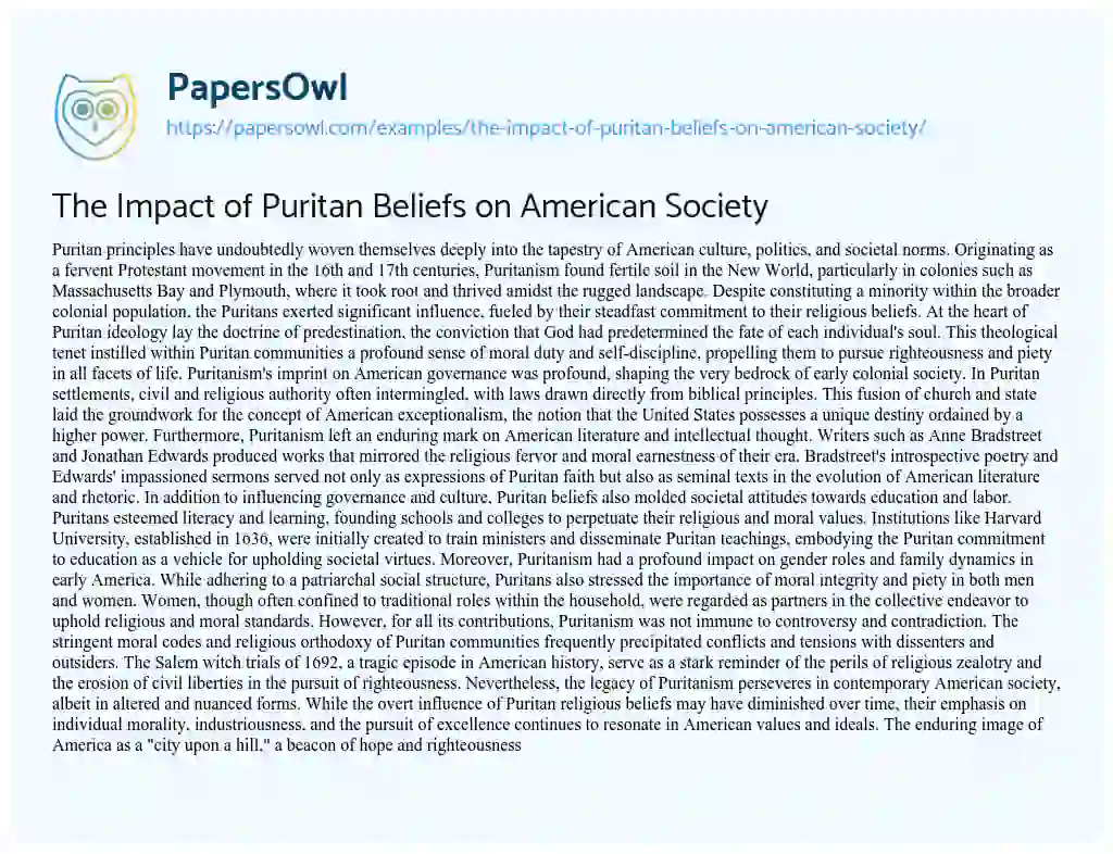 Essay on The Impact of Puritan Beliefs on American Society