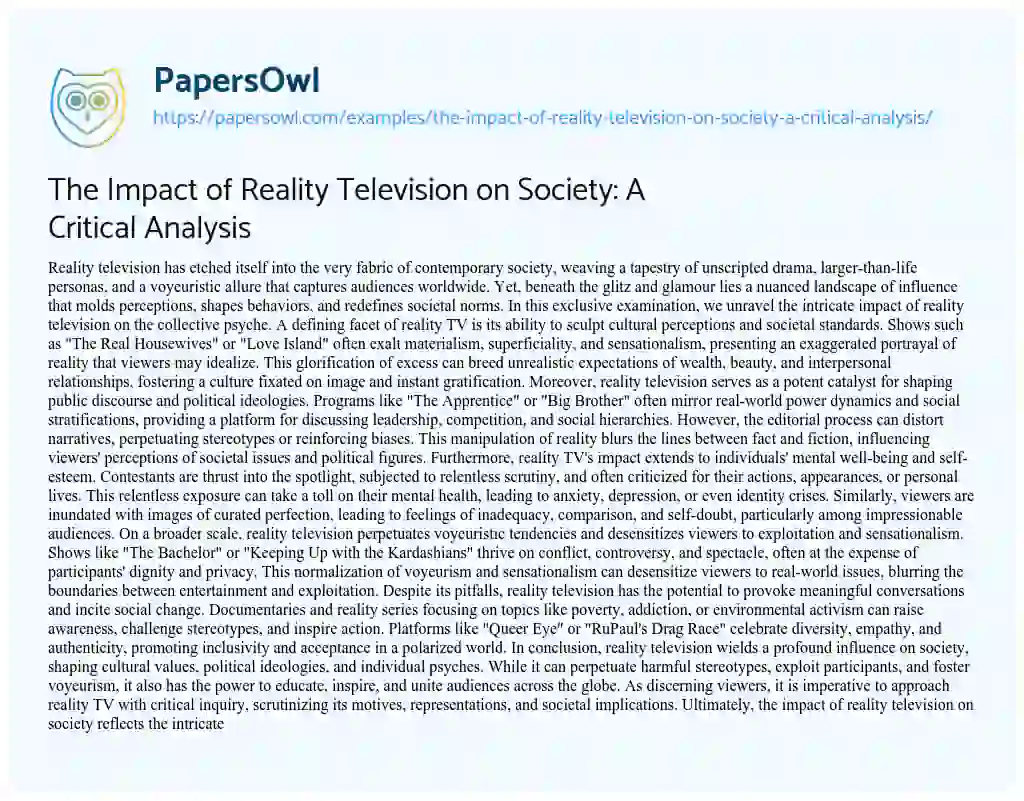 Essay on The Impact of Reality Television on Society: a Critical Analysis