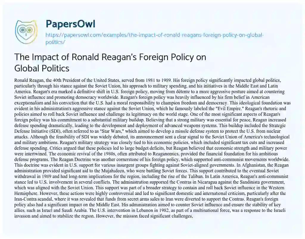 Essay on The Impact of Ronald Reagan’s Foreign Policy on Global Politics