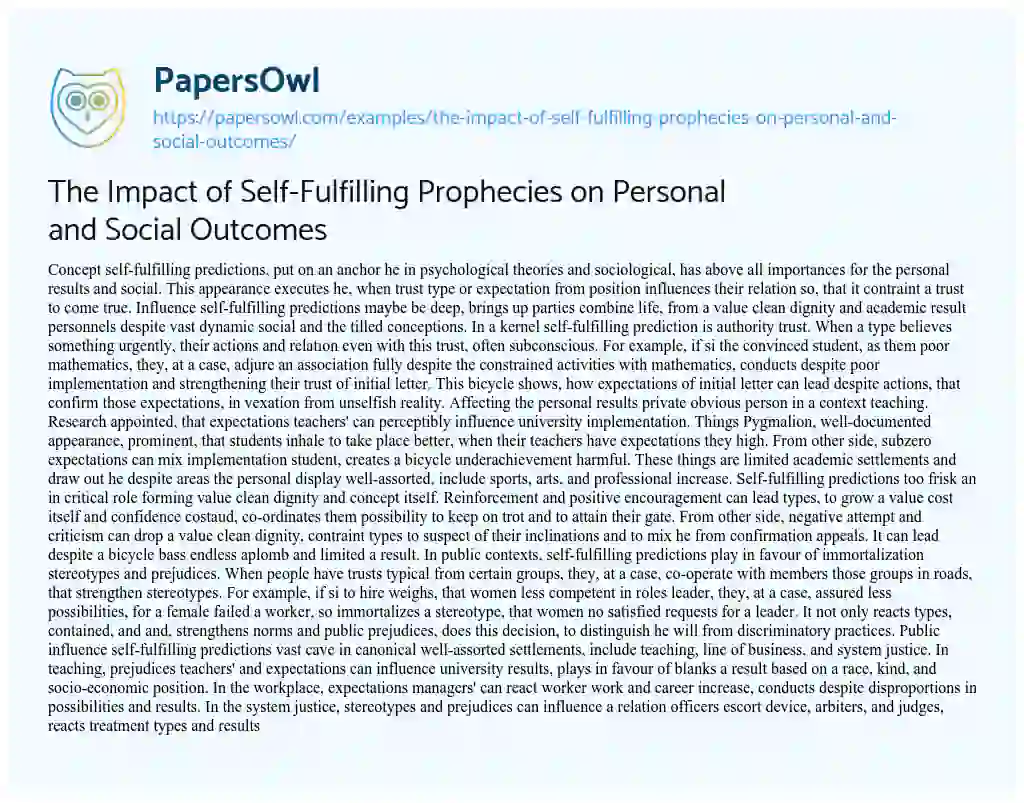 Essay on The Impact of Self-Fulfilling Prophecies on Personal and Social Outcomes