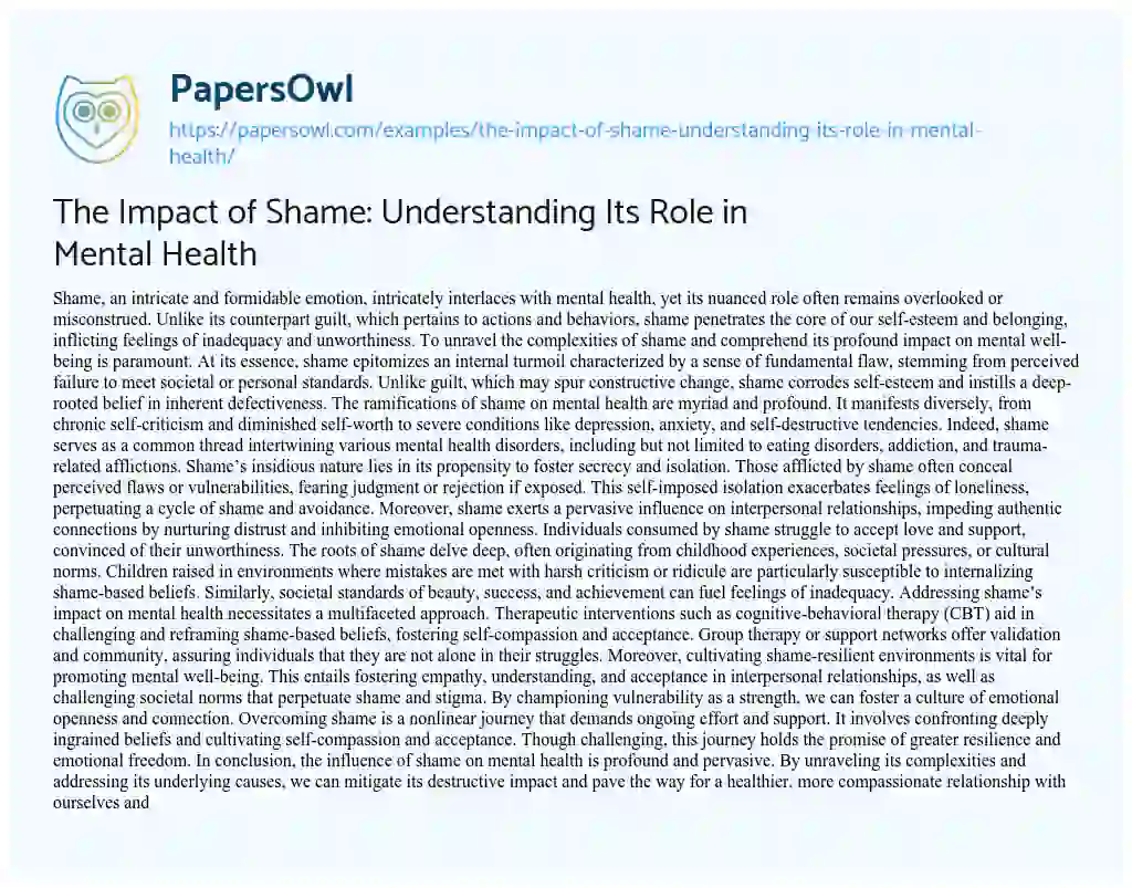 Essay on The Impact of Shame: Understanding its Role in Mental Health