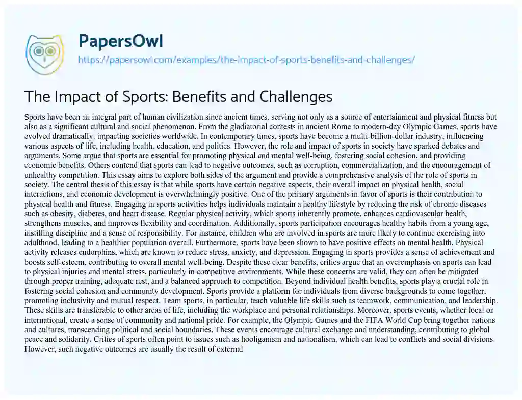 Essay on The Impact of Sports: Benefits and Challenges