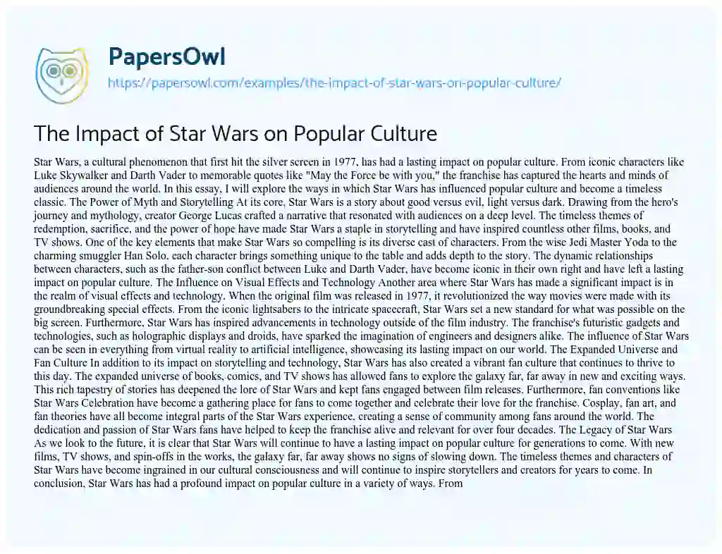 Essay on The Impact of Star Wars on Popular Culture