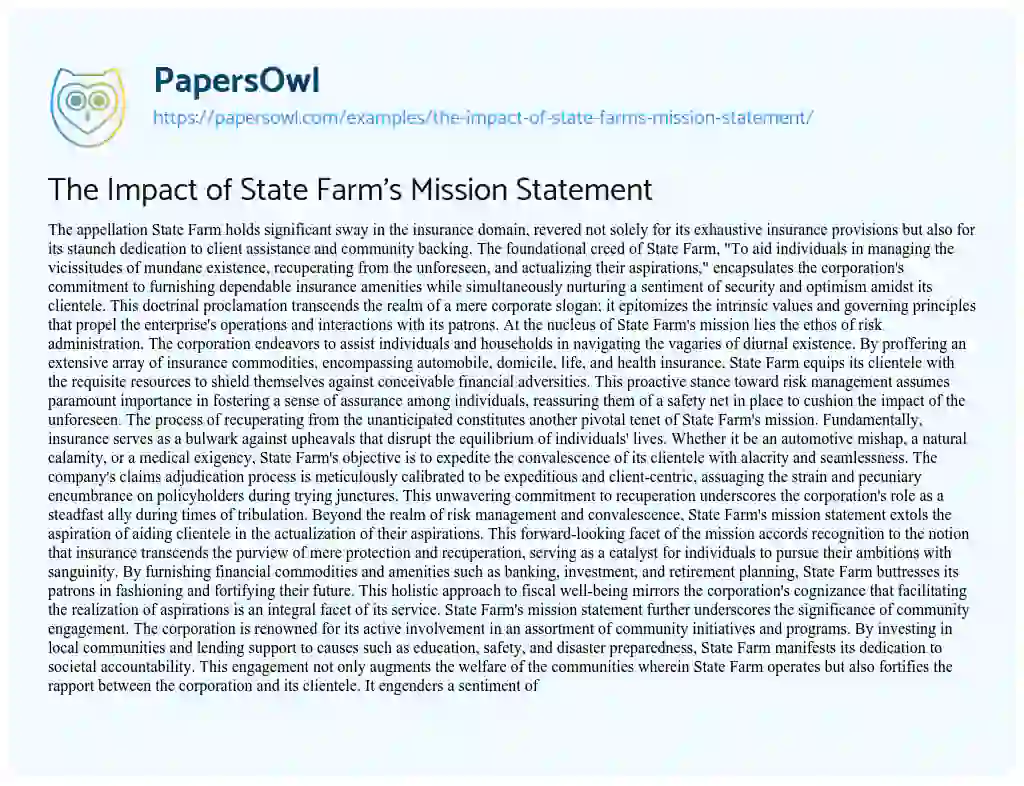 Essay on The Impact of State Farm’s Mission Statement